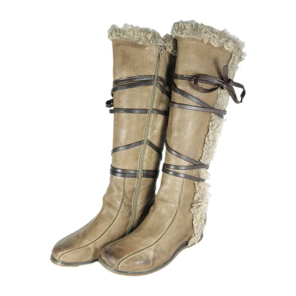 Miz Mooz Women's US8,5 Brown Leather Faux Fur Lace Zip Wedge Knee High Boots